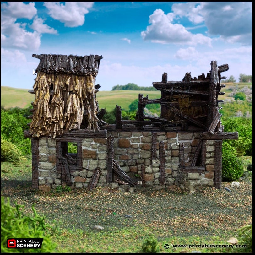 Ruined Norman Stone Barn - King and Country, DnD, Pathfinder, 15mm, 28mm, 32mm, wargaming terrain, scatter scenery D&D farm, fields, village