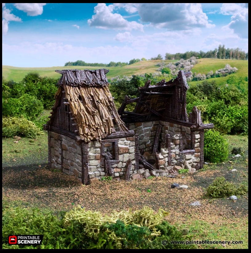 Ruined Norman Stone Barn - King and Country, DnD, Pathfinder, 15mm, 28mm, 32mm, wargaming terrain, scatter scenery D&D farm, fields, village