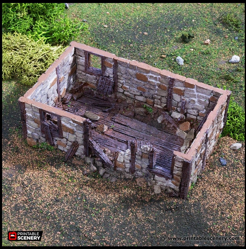Ruined Norman Stone Barn - King and Country, DnD, Pathfinder, 15mm, 28mm, 32mm, wargaming terrain, scatter scenery D&D farm, fields, village