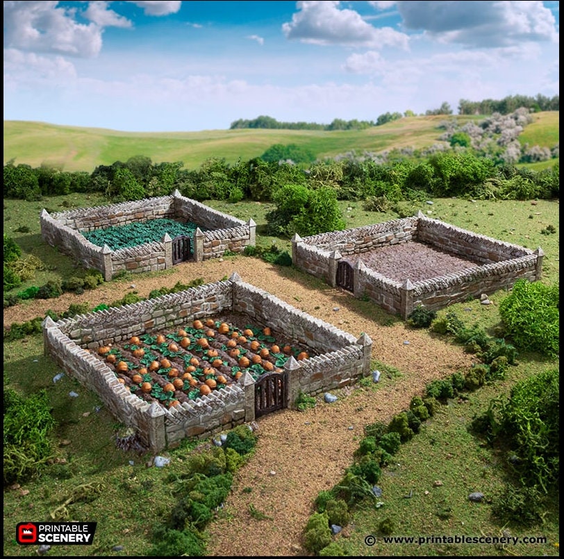 Farm Fields Set - King and Country, DnD, Pathfinder, 15mm, 28mm, 32mm, wargaming terrain, scenery D&D farm, crops, pumpkin, medieval village