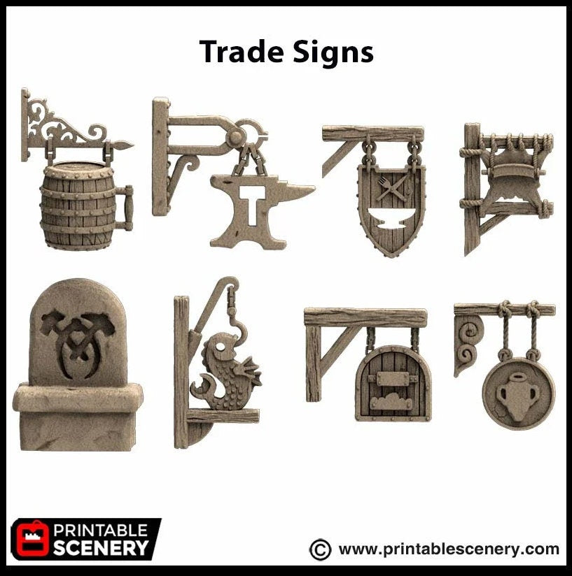 Town Trade Signs - King and Country, DnD, Pathfinder, 15mm, 28mm, 32mm, wargaming terrain, scenery D&D shop, merchant, smithy, farm, inn