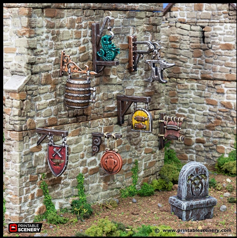 Town Trade Signs - King and Country, DnD, Pathfinder, 15mm, 28mm, 32mm, wargaming terrain, scenery D&D shop, merchant, smithy, farm, inn
