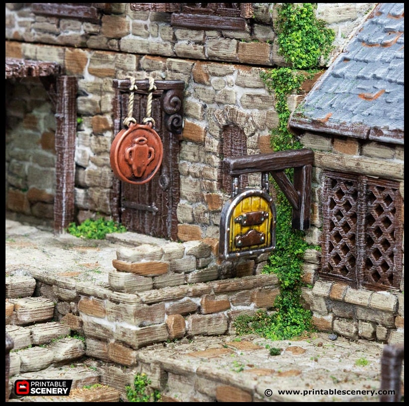Town Trade Signs - King and Country, DnD, Pathfinder, 15mm, 28mm, 32mm, wargaming terrain, scenery D&D shop, merchant, smithy, farm, inn