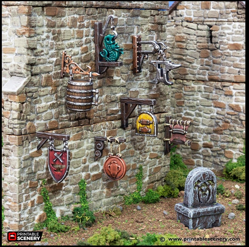 Town Trade Signs - King and Country, DnD, Pathfinder, 15mm, 28mm, 32mm, wargaming terrain, scenery D&D shop, merchant, smithy, farm, inn
