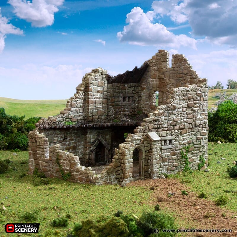 Ruined Norman Stone Manor - King and Country, DnD, Pathfinder, 15mm, 28mm, 32mm, wargaming terrain, scenery D&D, medieval village, castle