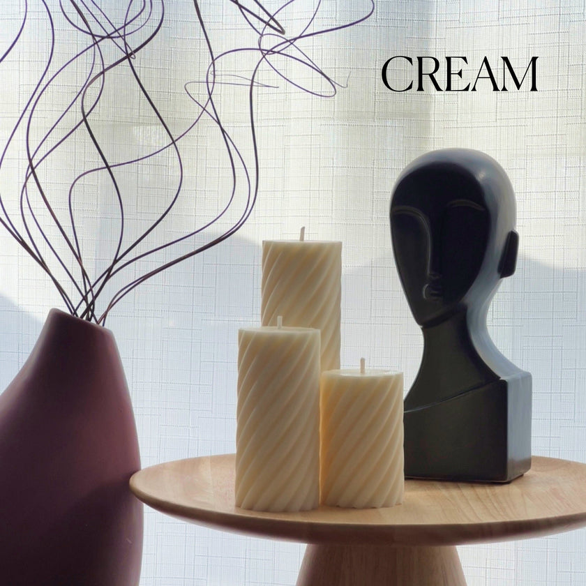 Soy Wax Ribbed Swirl Pillar Candle Set | Unscented Decorative Candles