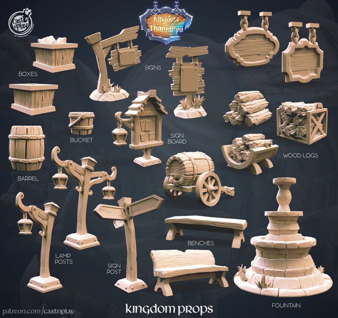 Town Props Pack - dnd miniature - Cast N Play - Medieval City scatter terrain, Kingdom, Town, 32mm 28mm, Houses, Merchant, Shop, Inn Props