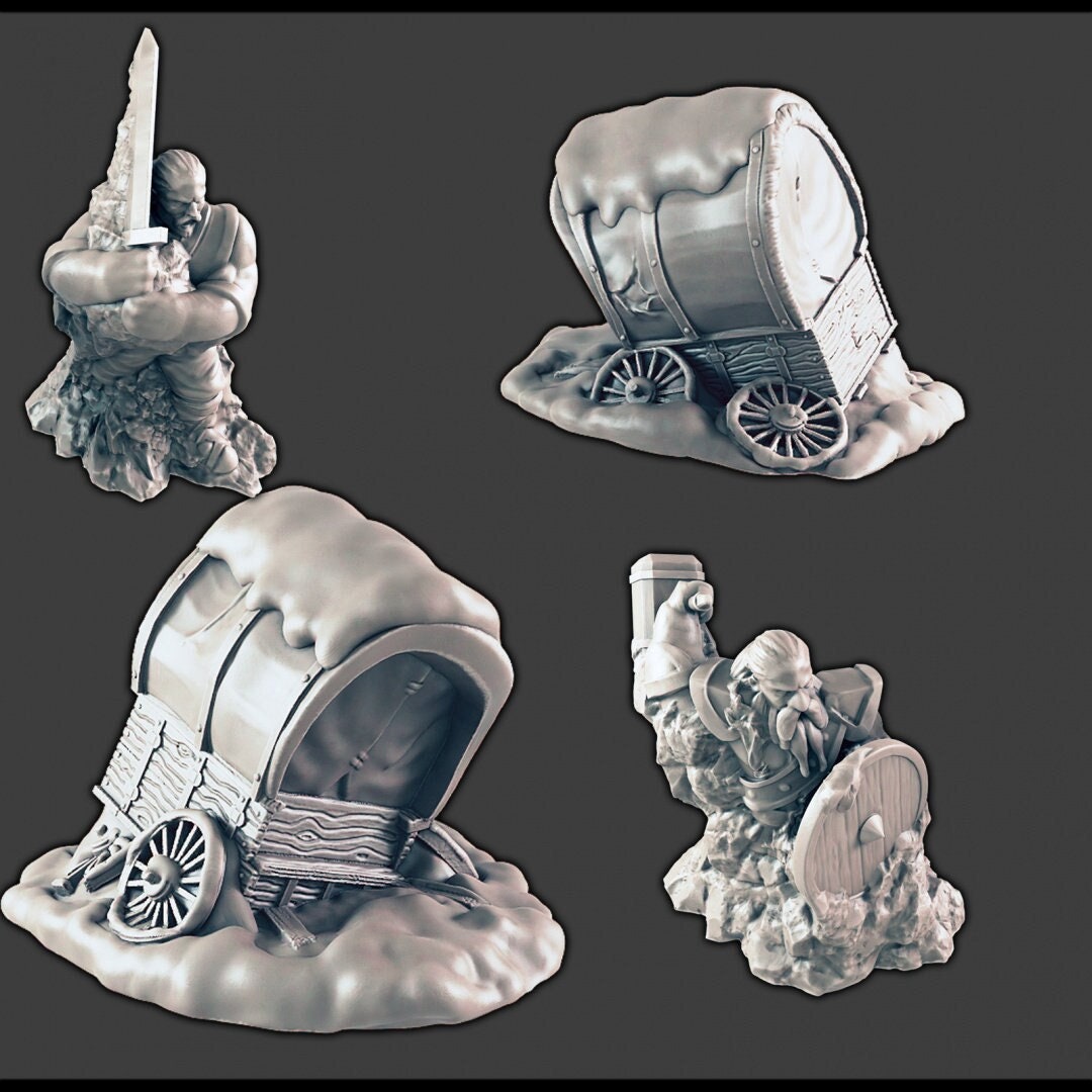 Snowy Broken Wagon and Frozen Adventurers - DND Terrain - EC3D - Snow, Arctic, Cold, cover, terrain, scatter scenery, Pathfinder 2E, Fantasy