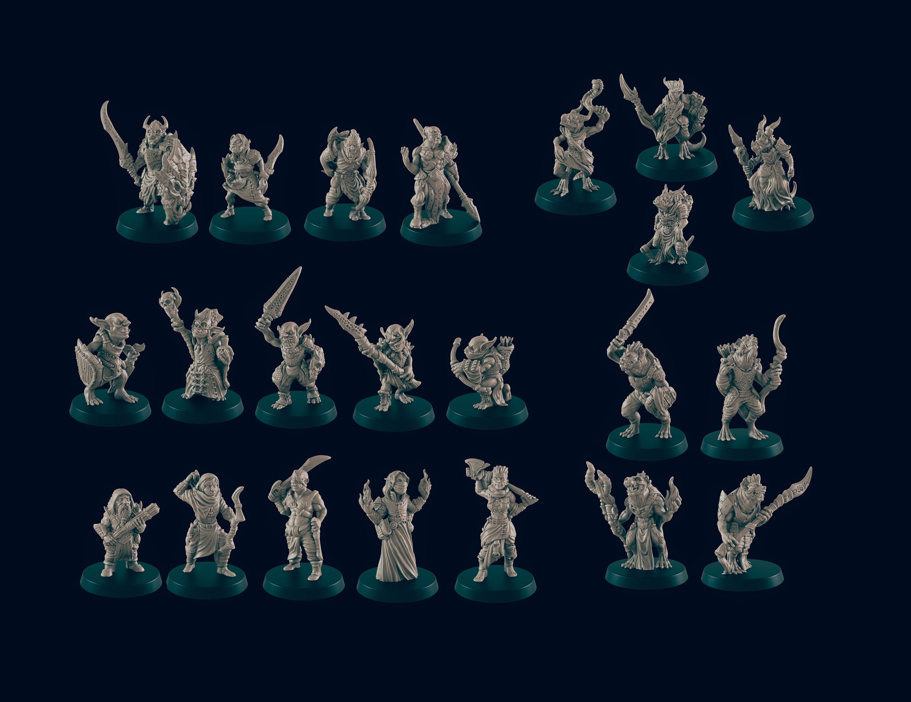 dnd essential Monster Mini Pack 2 - 22 Miniatures! - EC3D, Pathfinder 2E, Kobold, Orc, Gnoll, Bandit, Goblin | 32mm | TTRPG | Wargaming