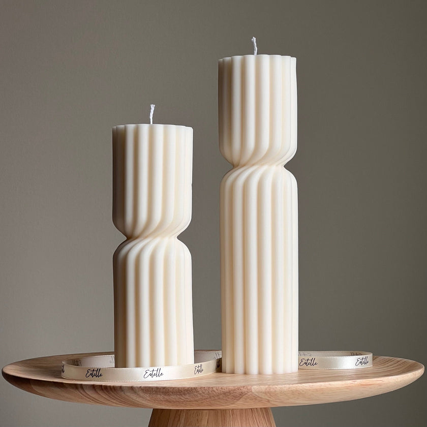 Ribbed Hourglass Soy Pillar Candle: Sculptural Table Decor