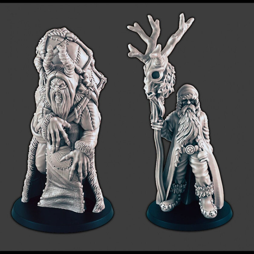 Klaus the Druid and Krampus - DND miniatures - EC3D Wintertide, Human | Druid | Wendigo | Christmas | 32mm | Snow | Arctic | Winter
