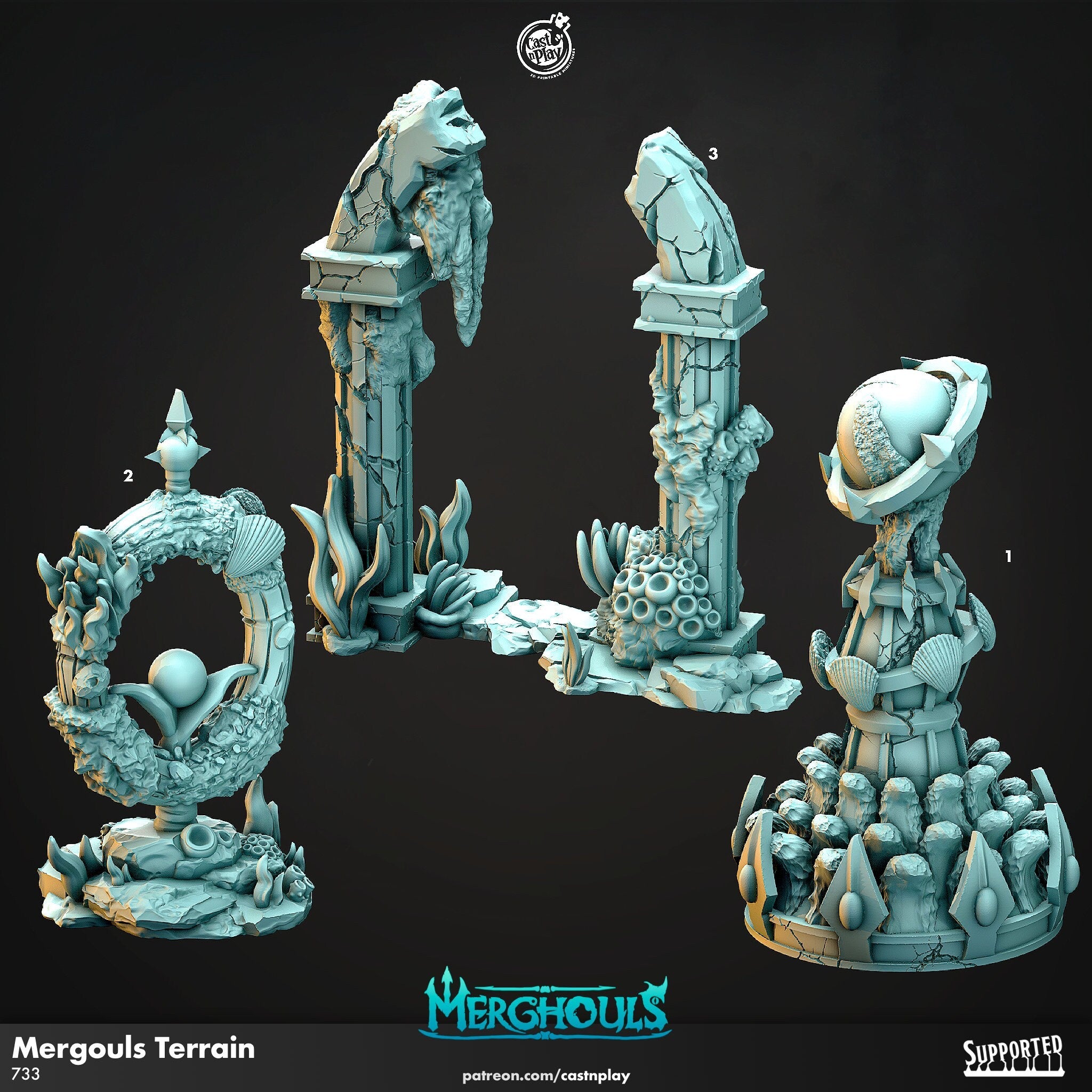 Merghouls Terrain - dnd and wargaming miniature - Underwater Scatter Terrain, Deep Sea, Ocean, Atlantis, Fantasy, Merfolk, Triton Pathfinder