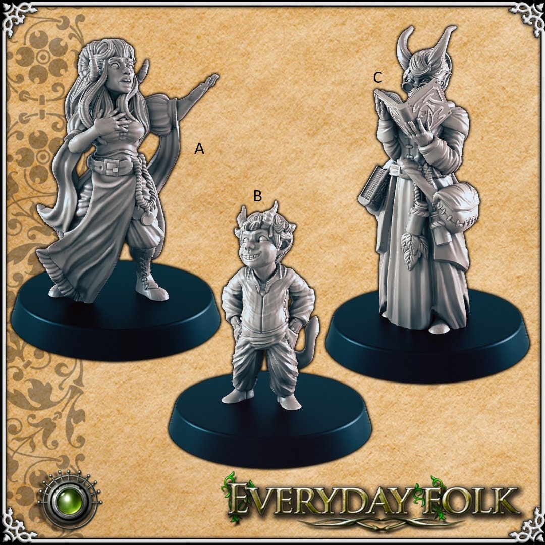 Tiefling mini set for dnd - EC3D,DnD | Townsfolk | Everyday Folk | Child | Songstress | Scholar, Demon, 32mm | Pathfinder, Fantasy, Villager
