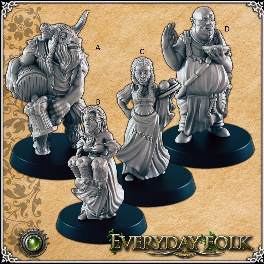 The Tavern Crew mini set for DnD - EC3D | Townsfolk | Commoners | Bartender | Male | Female | Barmaid | 28mm 32mm | Pathfinder | Fantasy