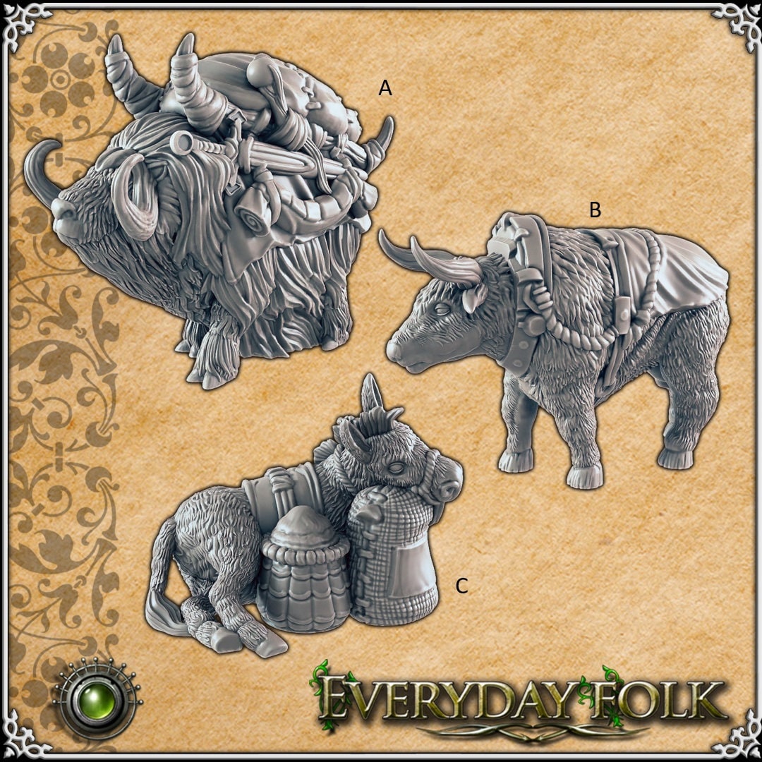 Donkey, Pak Yak, Oxen mini set for DnD - EC3D, Townsfolk | Everyday Folk | Animal | Beast | Pet | Mount | 28mm 32mm | Pathfinder | Fantasy