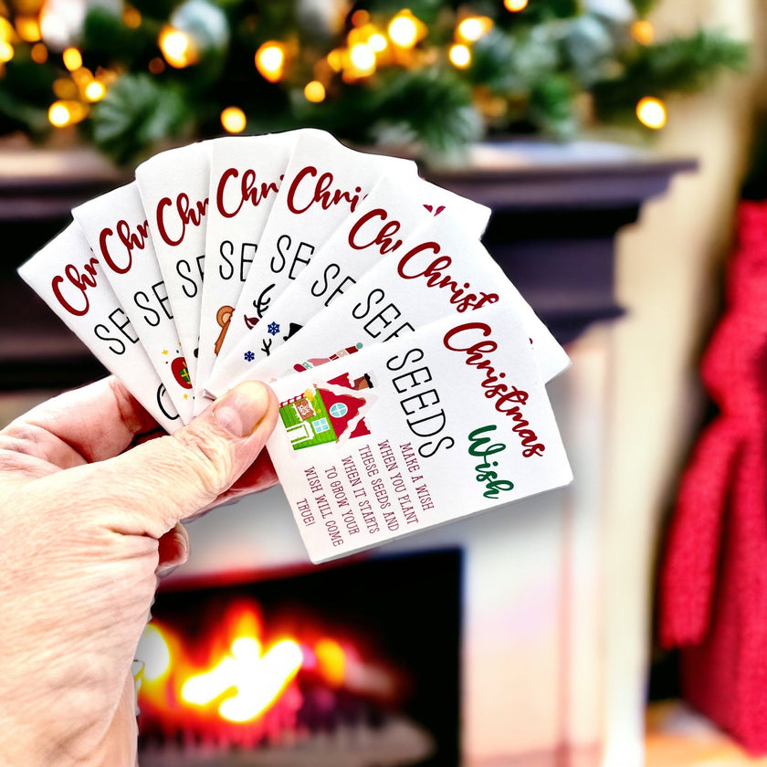 Seed Packages - Christmas - Whimsical Wish Seeds - Ornament or Gift Tag - Includes 10 Packs of hollyhock seeds