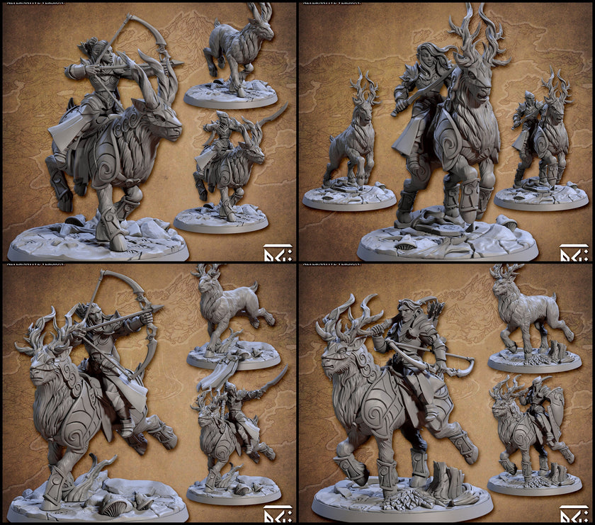 Elven Riders 28/32mm mini set - Artisan Guild | Alfar | Drow | Male | Female | Fighter | Ranger| Pathfinder | Wargaming | Elk | Cavalry Elf