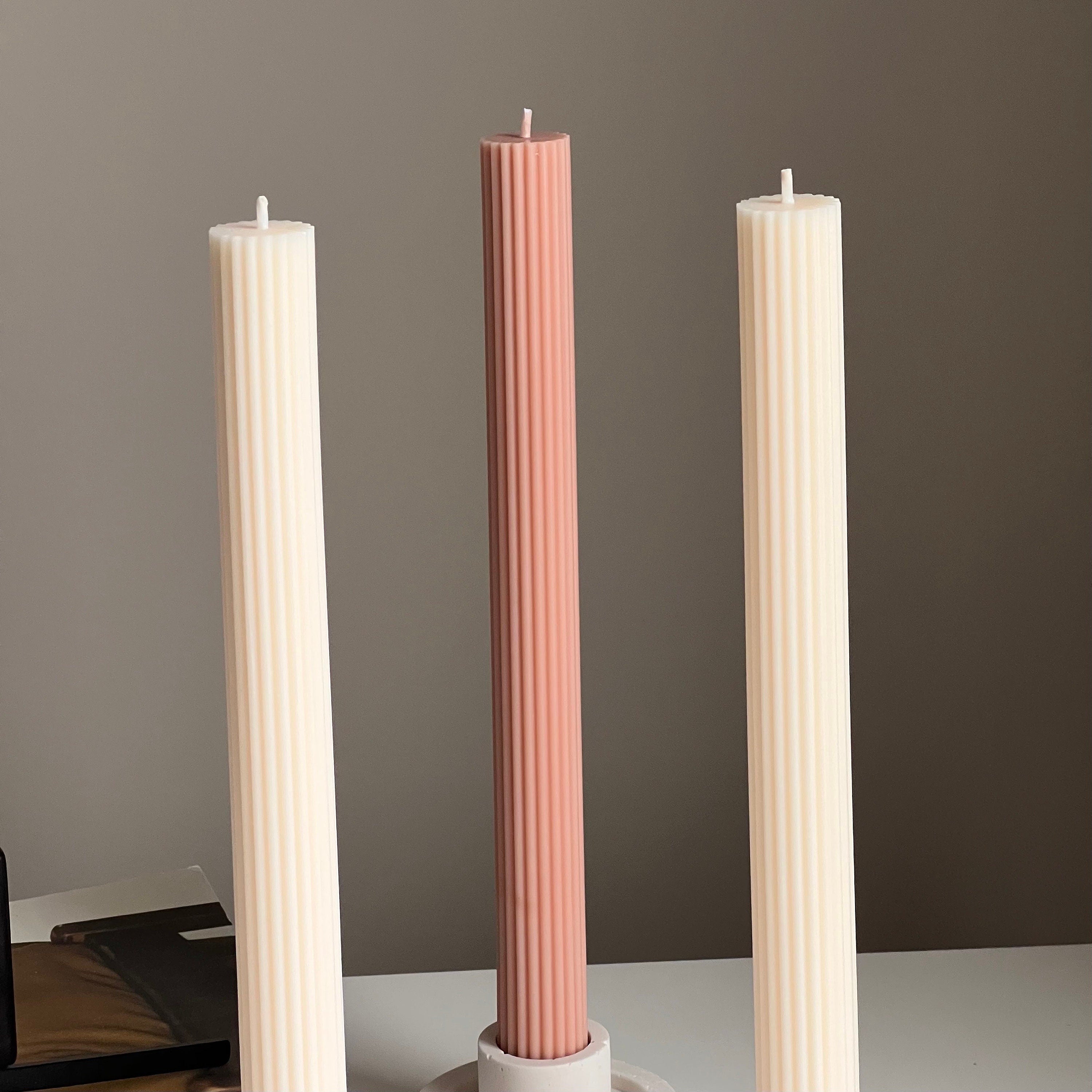 Ribbed Taper Candle: Handmade Soy Wax Pillar, Unscented
