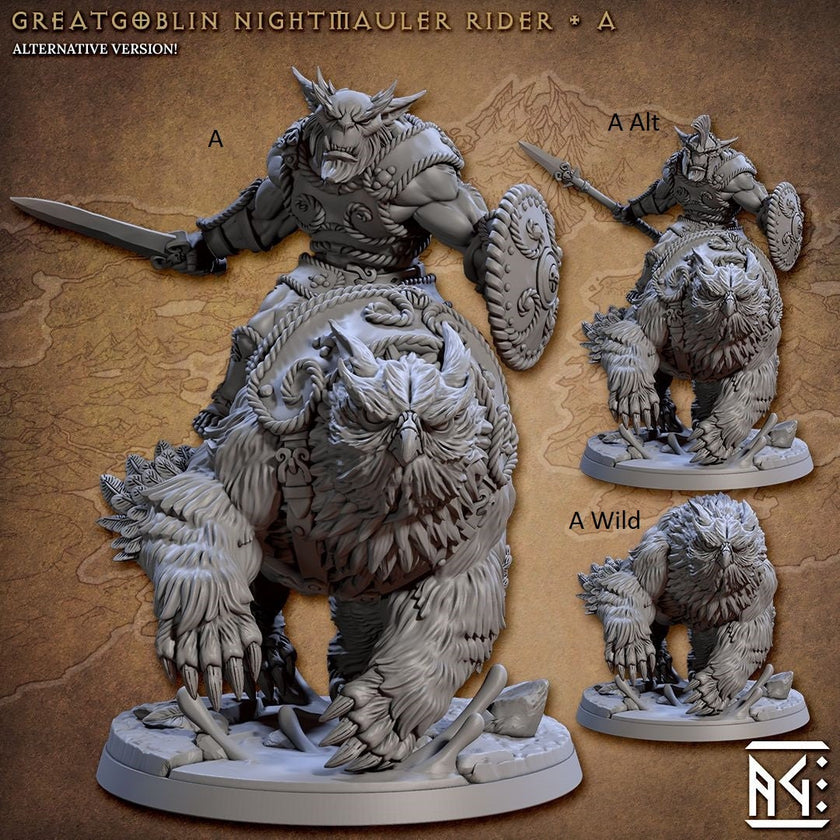 Greatgoblin Owlbear Cavalry Mini Set - Artisan Guild, DnD | Male | Fighter, Animal, Hobgoblin, Pathfinder | Orc | Wargaming | Goblin | Mount