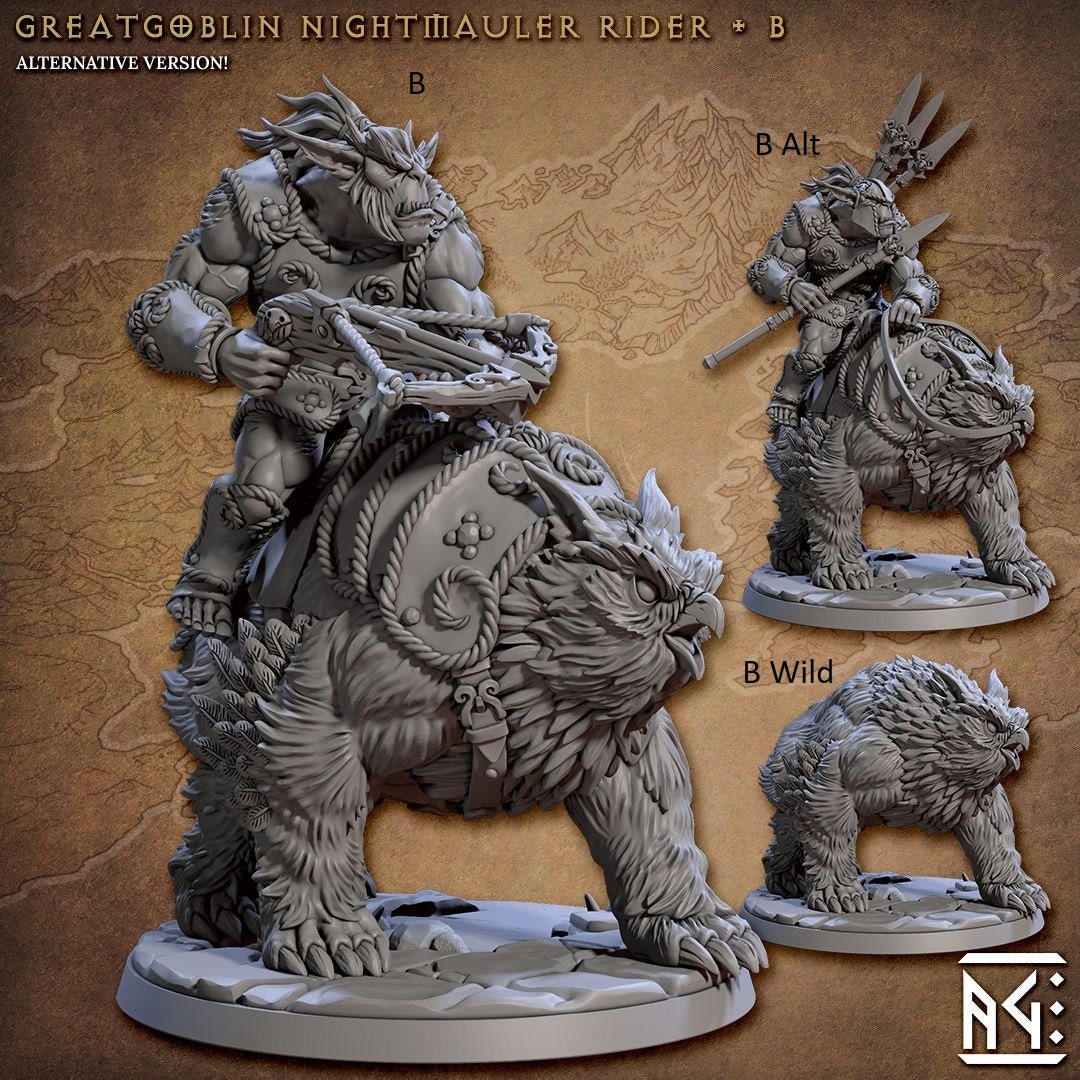 Greatgoblin Owlbear Cavalry Mini Set - Artisan Guild, DnD | Male | Fighter, Animal, Hobgoblin, Pathfinder | Orc | Wargaming | Goblin | Mount