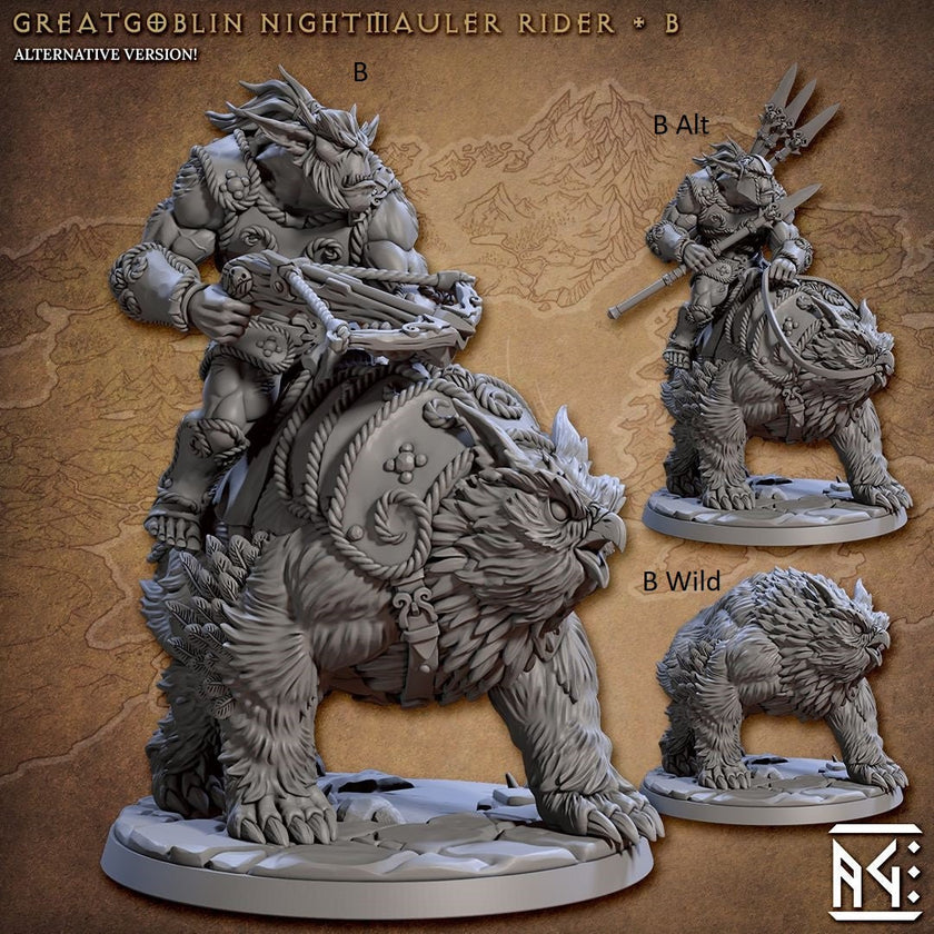 Greatgoblin Owlbear Cavalry Mini Set - Artisan Guild, DnD | Male | Fighter, Animal, Hobgoblin, Pathfinder | Orc | Wargaming | Goblin | Mount