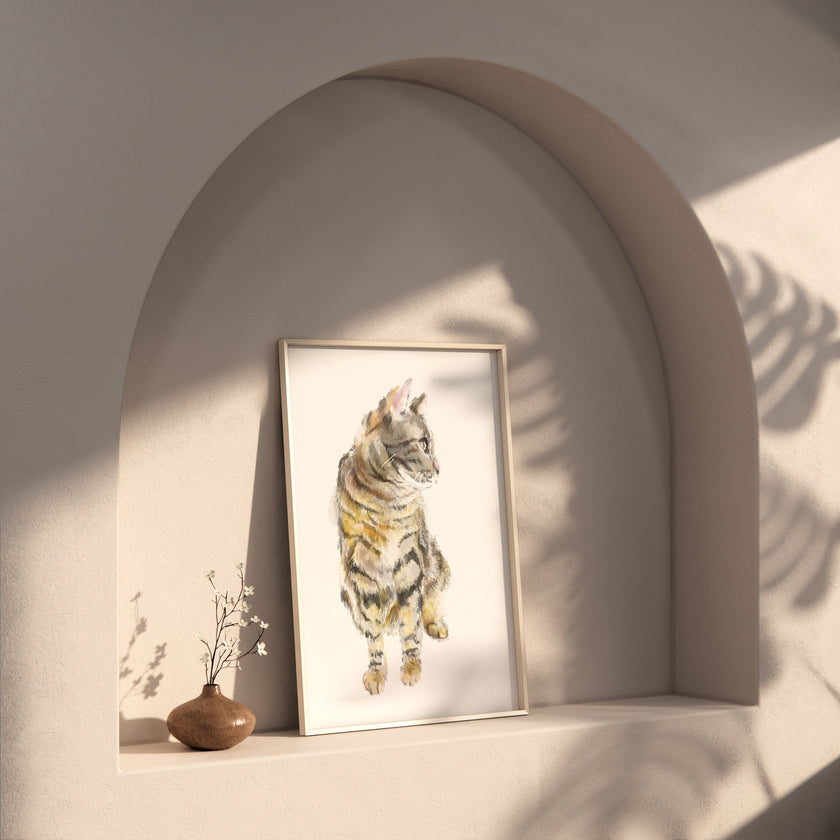 Gray Tabby Cat Watercolor Painting || Minimalistic Modern Cat Wall Art Print, Gift For Cat Lover, Crazy Cat Lady