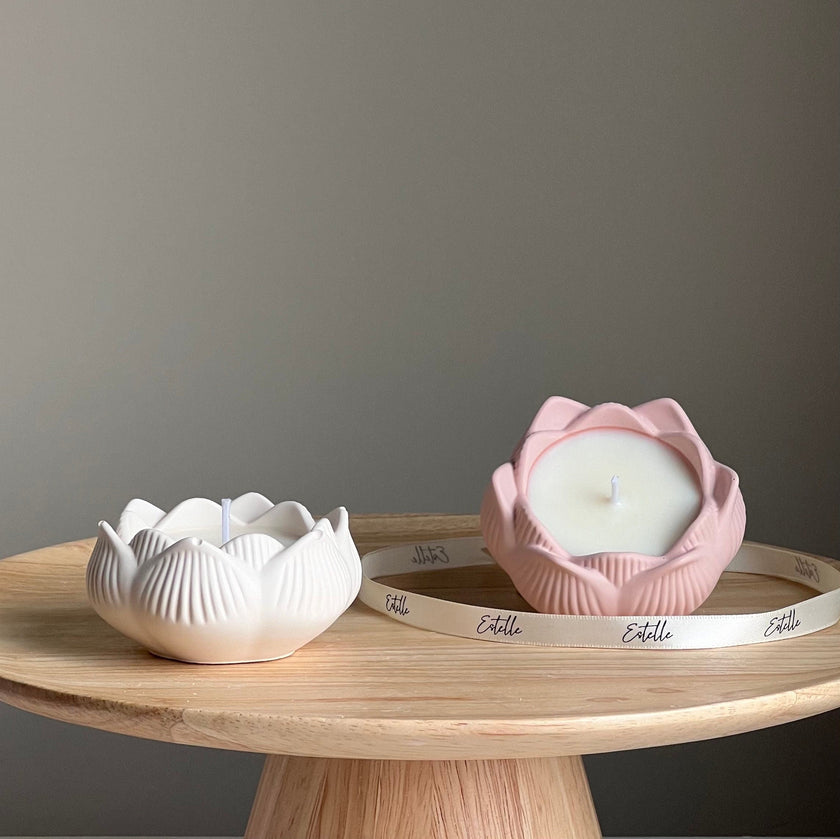 Lotus Jar Soy Wax Candle: Handmade Jesmonite Vessel, Wood Wick