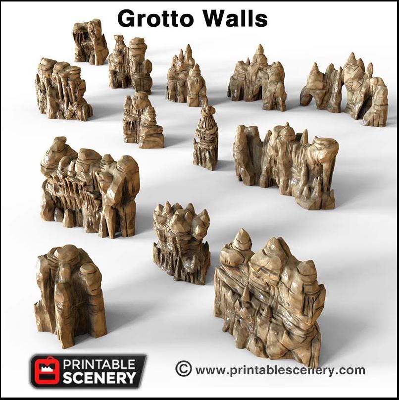 Grotto Walls - Printable Scenery | DnD | Clorehaven | Cave | Dungeon | Scene | Scatter Terrain | Wargaming | Pathfinder | 28mm 15mm 32mm
