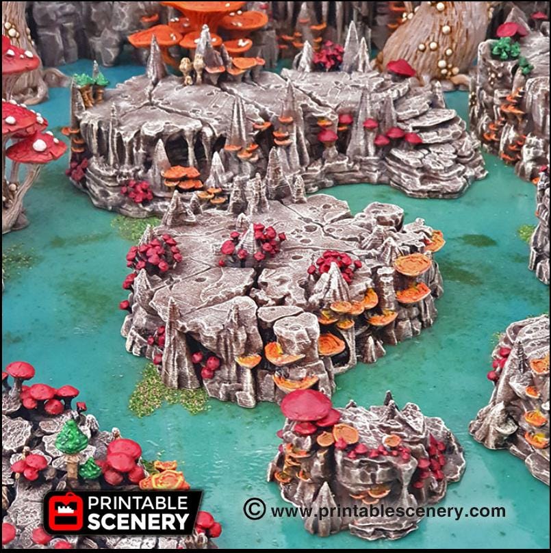 Raised Mushroom Caverns - Printable Scenery | DnD | Cave | Dungeon | Scene | Scatter Terrain | Wargaming | 28mm 15mm 32mm | Goblin Grotto