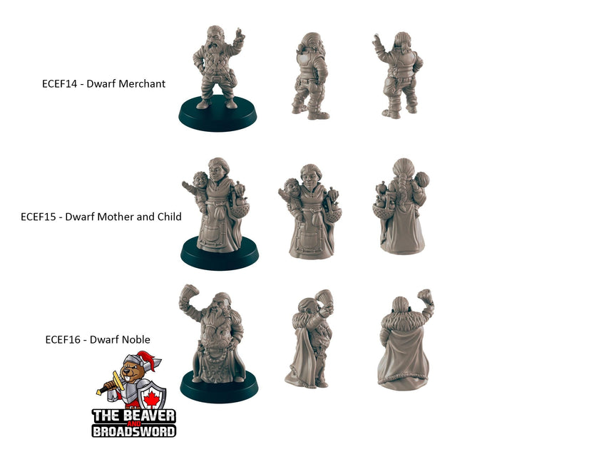 9 Dwarf Villager Miniature Pack - EC3D | DnD | Child | Villager | Merchant | Noble | 28mm | Pathfinder | commoner | Wargaming | Shopper