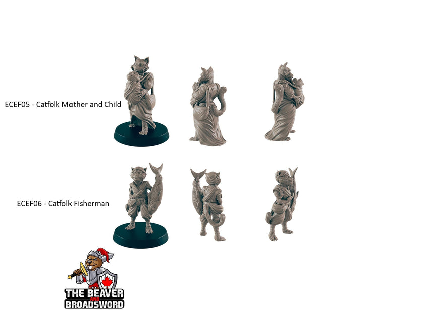 5 Tabaxi Villager Miniature Pack - EC3D | DnD | Fisherman | Villager | Merchant | Noble | 32mm | Pathfinder | commoner | Catfolk | Wargaming