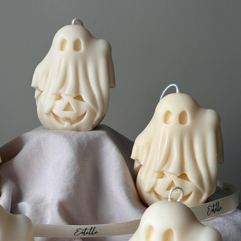 Handmade Halloween Ghost Candle: Soy Wax Pumpkin Decor