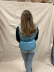 Vintage Merona Baby Blue Shimmer Puffer Vest Fitted Tie Waist High Neck Outerwear | Size Large