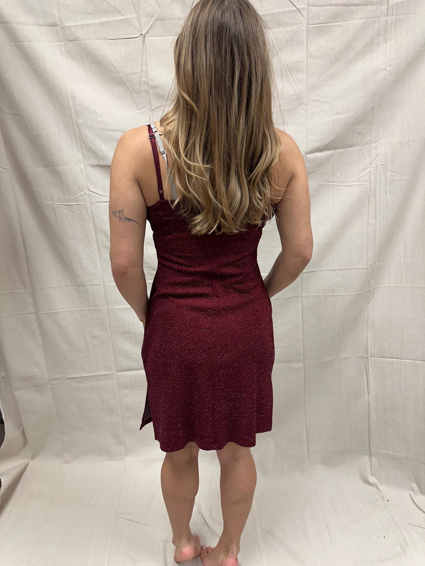Vintage 90s Sparkly Strechy Burgundy Red Spaghetti Strap Dress | Size Large