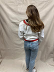 Vintage 80s White V Neck Cotton Sweater With Red Trim Detail | Size L 14-16