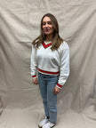 Vintage 80s White V Neck Cotton Sweater With Red Trim Detail | Size L 14-16