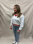 Vintage 80s White V Neck Cotton Sweater With Red Trim Detail | Size L 14-16