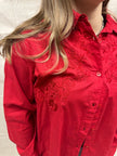 Vintage 80s Red Embroidered Flower Button Up | Size Large