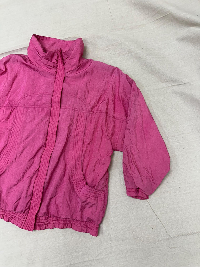 Vintage 80s Neon Pink Lightweight Retro Zip Up Rain Jacket | Size Medium