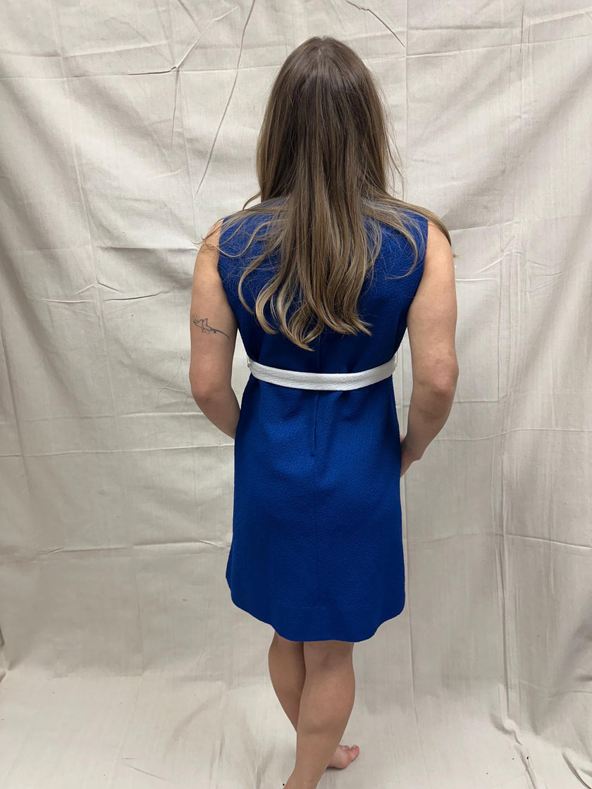 Vintage 1960s Blue Mod Mini Dress with White Trim | Size 6