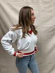 Vintage 80s White V Neck Cotton Sweater With Red Trim Detail | Size L 14-16
