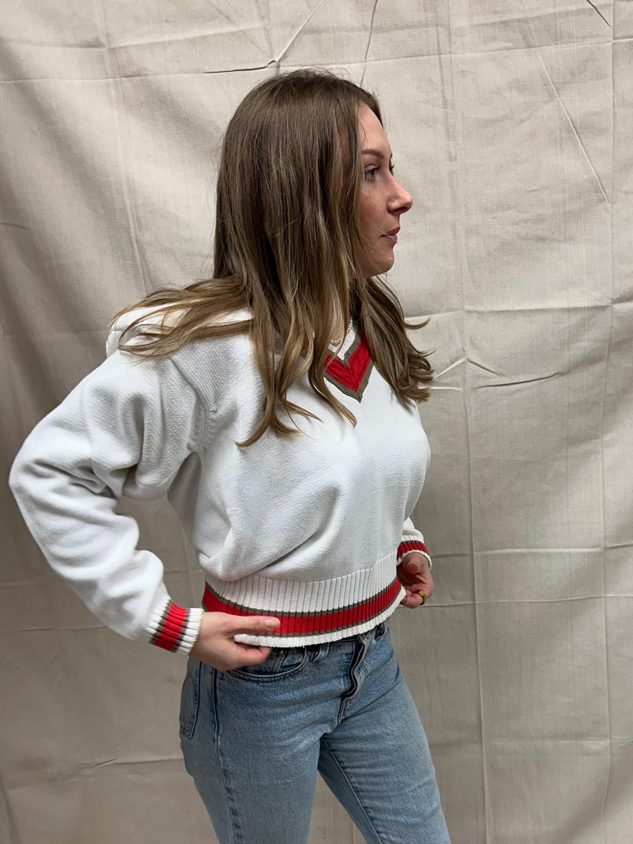 Vintage 80s White V Neck Cotton Sweater With Red Trim Detail | Size L 14-16