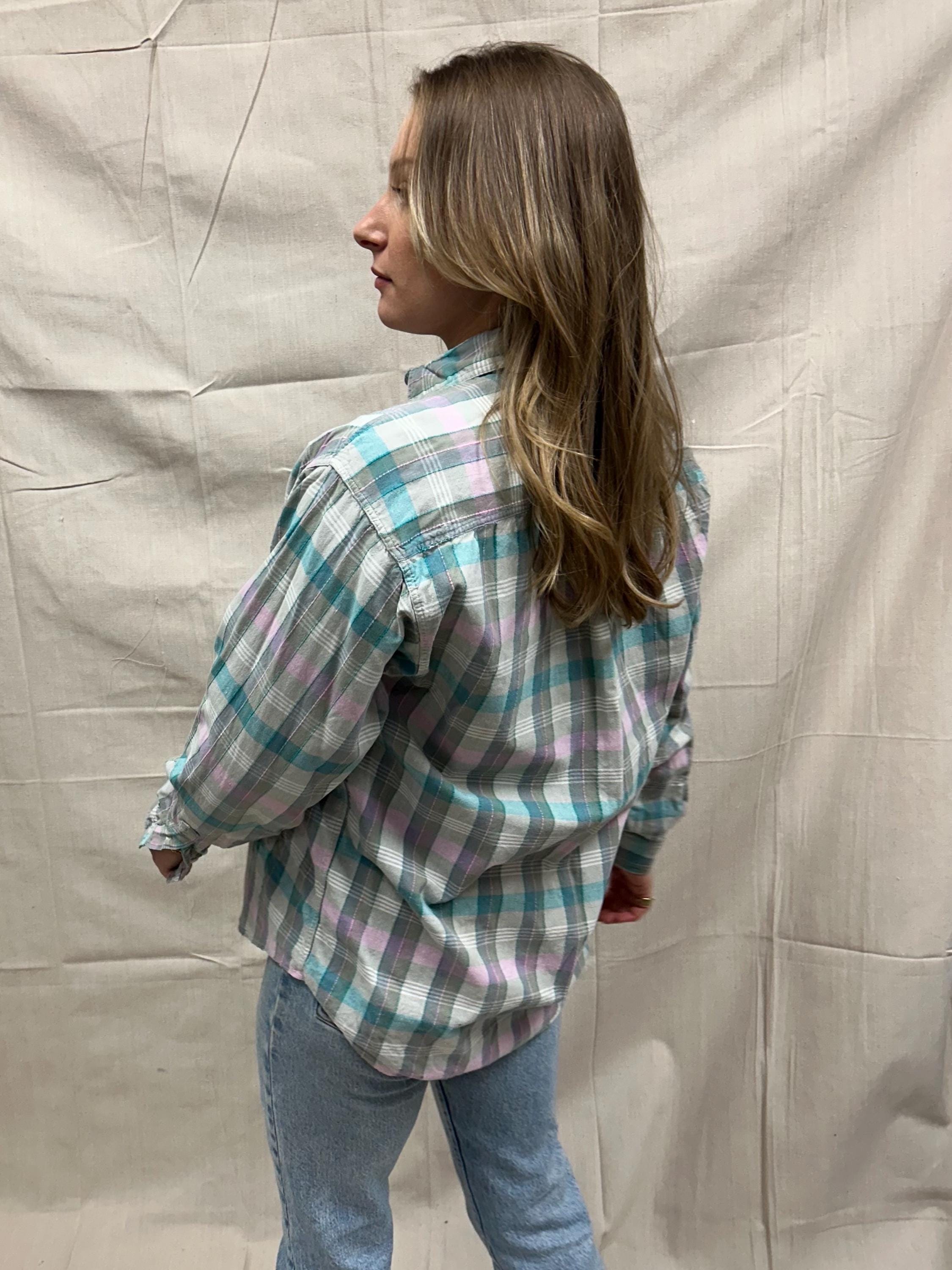 Vintage 80s Pastel Cotton Plaid Button Up | Size Large
