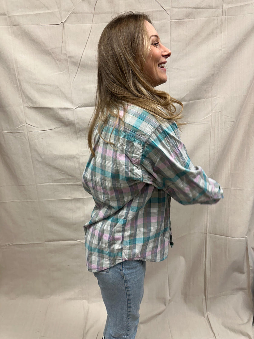 Vintage 80s Pastel Cotton Plaid Button Up | Size Large