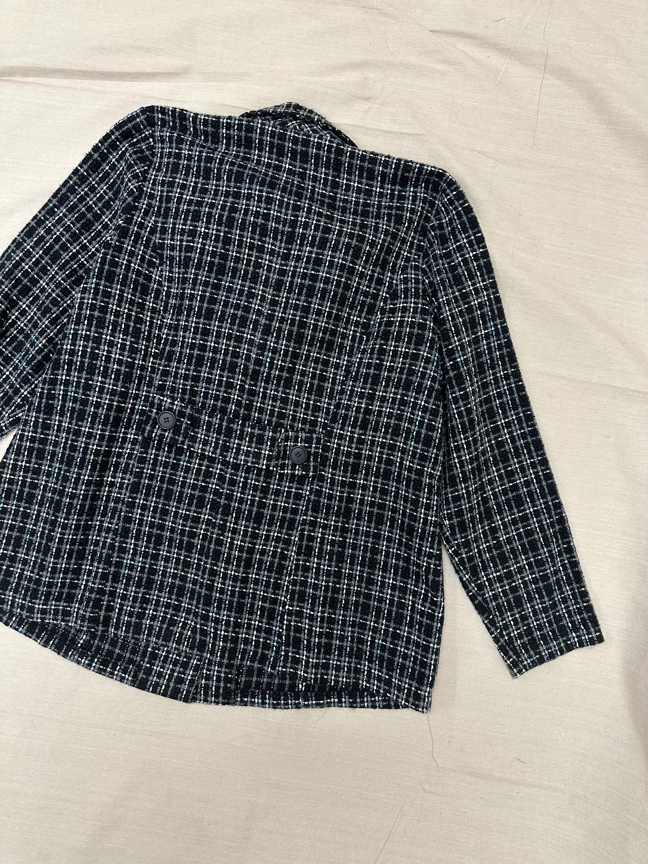Vintage 90s Black Blue Gray Plaid Blazer | Size XL