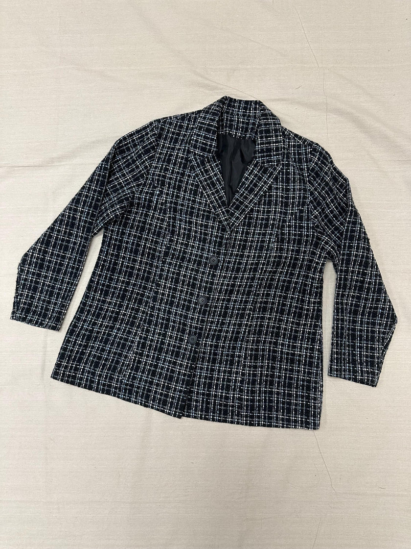 Vintage 90s Black Blue Gray Plaid Blazer | Size XL