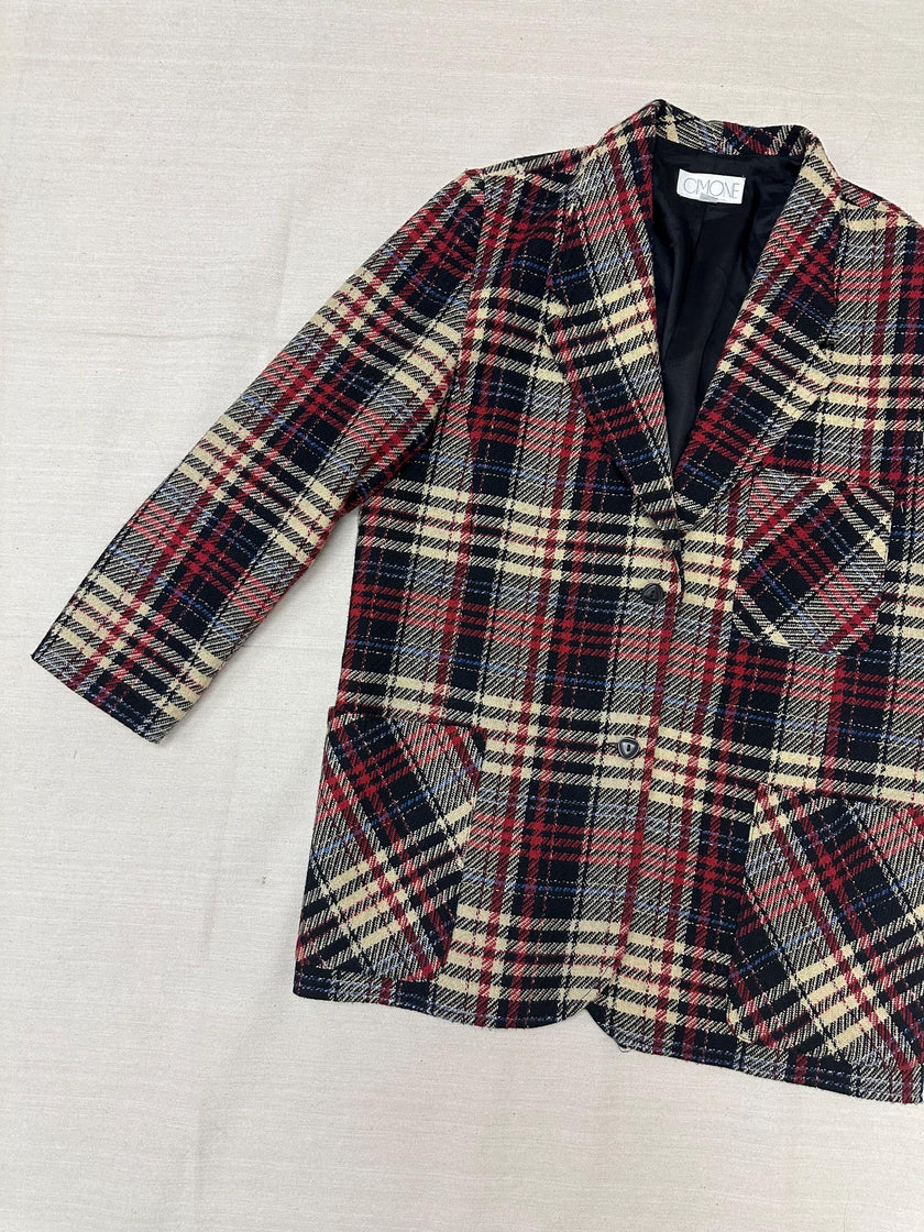 Vintage 90s Red Cream Plaid Blazer | Size Ladies Large