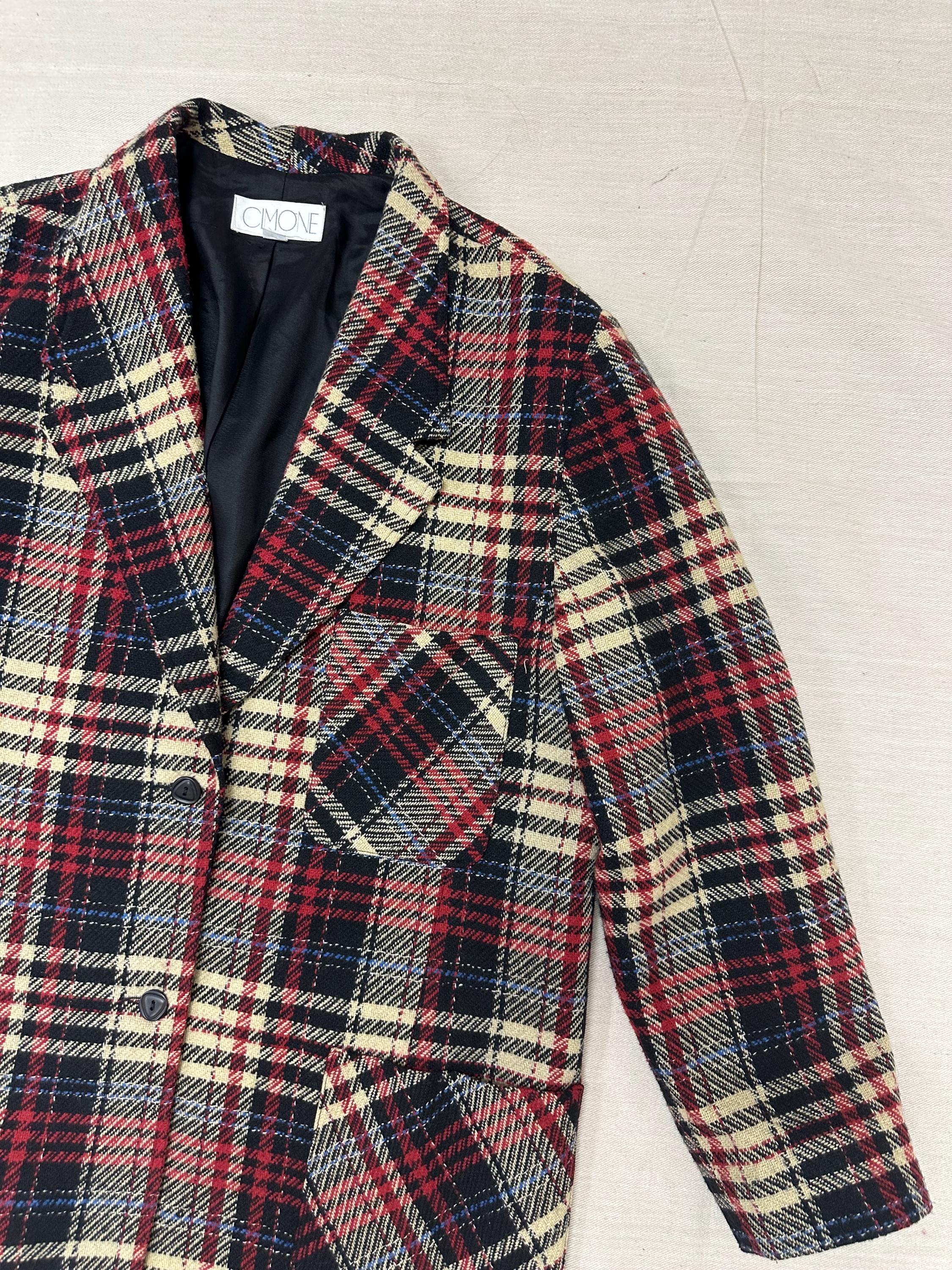 Vintage 90s Red Cream Plaid Blazer | Size Ladies Large