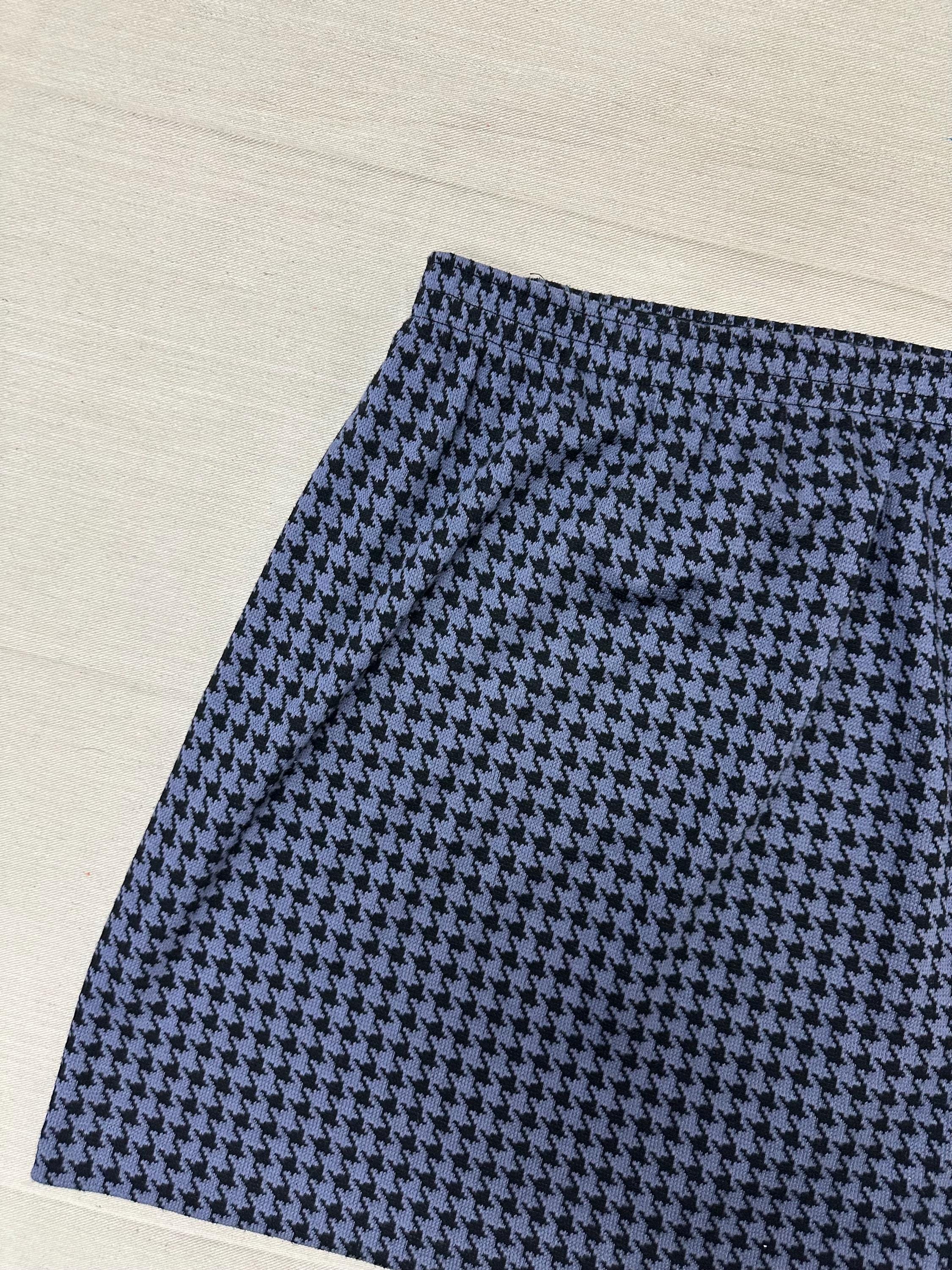 Vintage 80s Blue Houndstooth Cotton Strechy Comfy High Waisted Mini Skirt | Size Medium