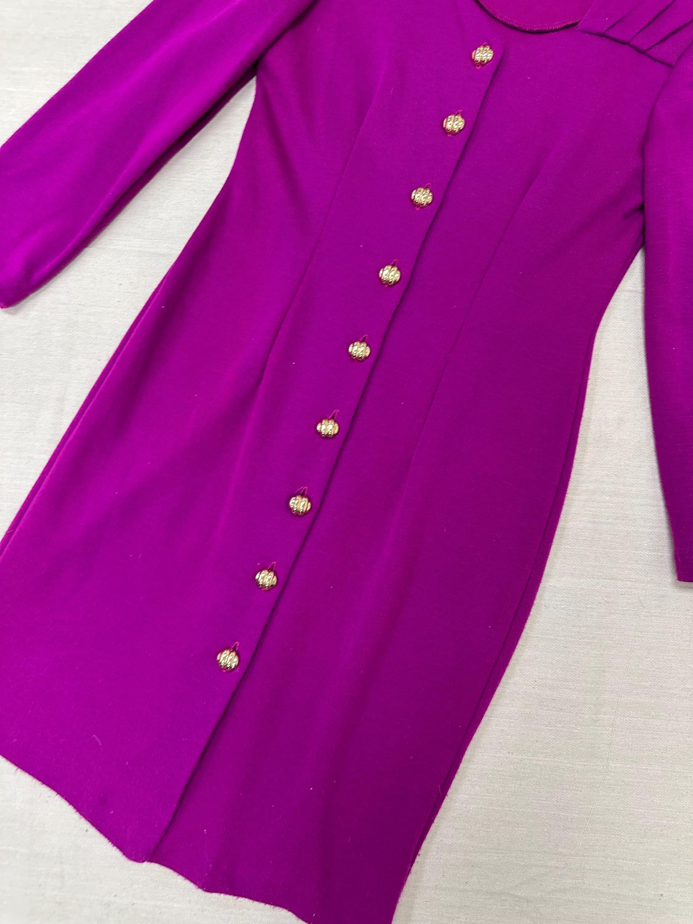 Vintage 80s Magenta Gold Button Up Bodycon Long Sleeve Dress | Size Large
